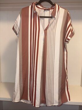 Very J Rust and Cream Striped V-Neck Short Sleeve Tunic